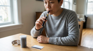Man sitting at table using vape pen with a mug and notepad nearby