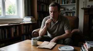 Man sitting in chair at table with book, jar, and smoking object