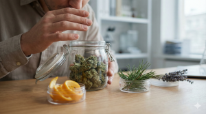 Person opening jar of cannabis buds next to oranges and a potted plant