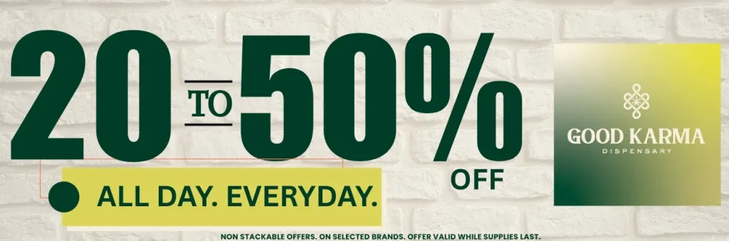 Large green text reading 50 percent on a white brick background with yellow accent
